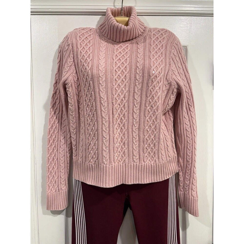 Vintage Wainscott Sweater Womens M Pink Cable Knit Beaded Sequin Turtleneck - Picture 3 of 7